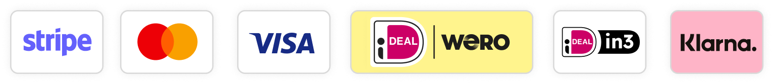 Betaalmethoden: Stripe, Mastercard, Visa, iDeal, Wero, in3, Klarna