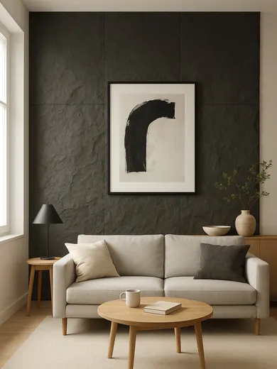 Woonkamer met een donker stonelook wandpaneel achter de bank